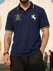 ALTZTAR Men's Striped Print Short Sleeve Casual Commuter Polo Shirt - Navy Blue - View 3