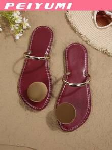 PEIYUMI 女士时尚平底凉鞋，饰有绑带细节 - 露趾，套穿式，人造革，舒适TPR鞋底 - 适合休闲穿着，女士凉鞋 - 酒紅色 - 查看 3