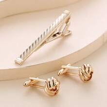 Cross-Border Hot-Selling Painted Copper Tie Clip And Round Twist Men'S Cufflinks | Easy Shirt Plaid Tie Clip Set, Stainless Steel Material - Gold and Silver - View 4