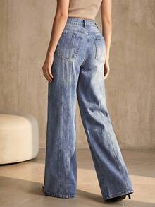 Women's Light Blue Vertical Striped High Waist Loose Straight Leg Jeans, Casual Commuter Denim Pants - Medium Wash - View 7
