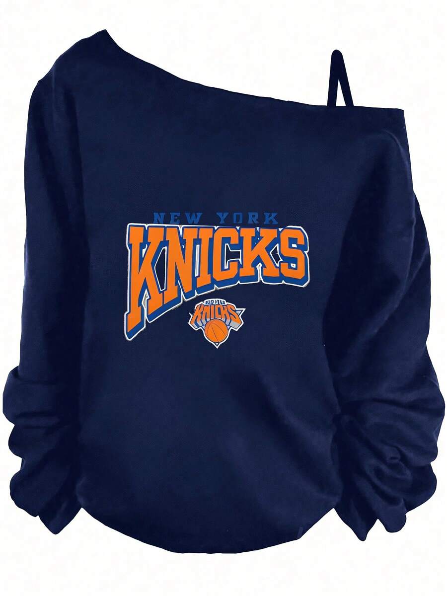 Long Sleeve Tops, New York Knicks Logo, Off-The-Shoulder Sweatshirt, Casual, Sporty, Streetwear, Perfect For Date Night, Game Day - 藏蓝色 - 查看 1