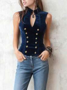 Navy Blue Retro Palace Style Vest - Double-Breasted Design, Made Of Soft And Comfortable Velvet Fabric, Ideal For Everyday Wear - 深藍色 - 查看 5