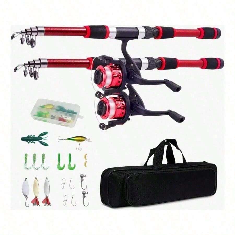 Kits de 2 cañas de pescar de 1,8 m, telescópicas y con carrete, cebo y accesorios - Rojo - Ver 1