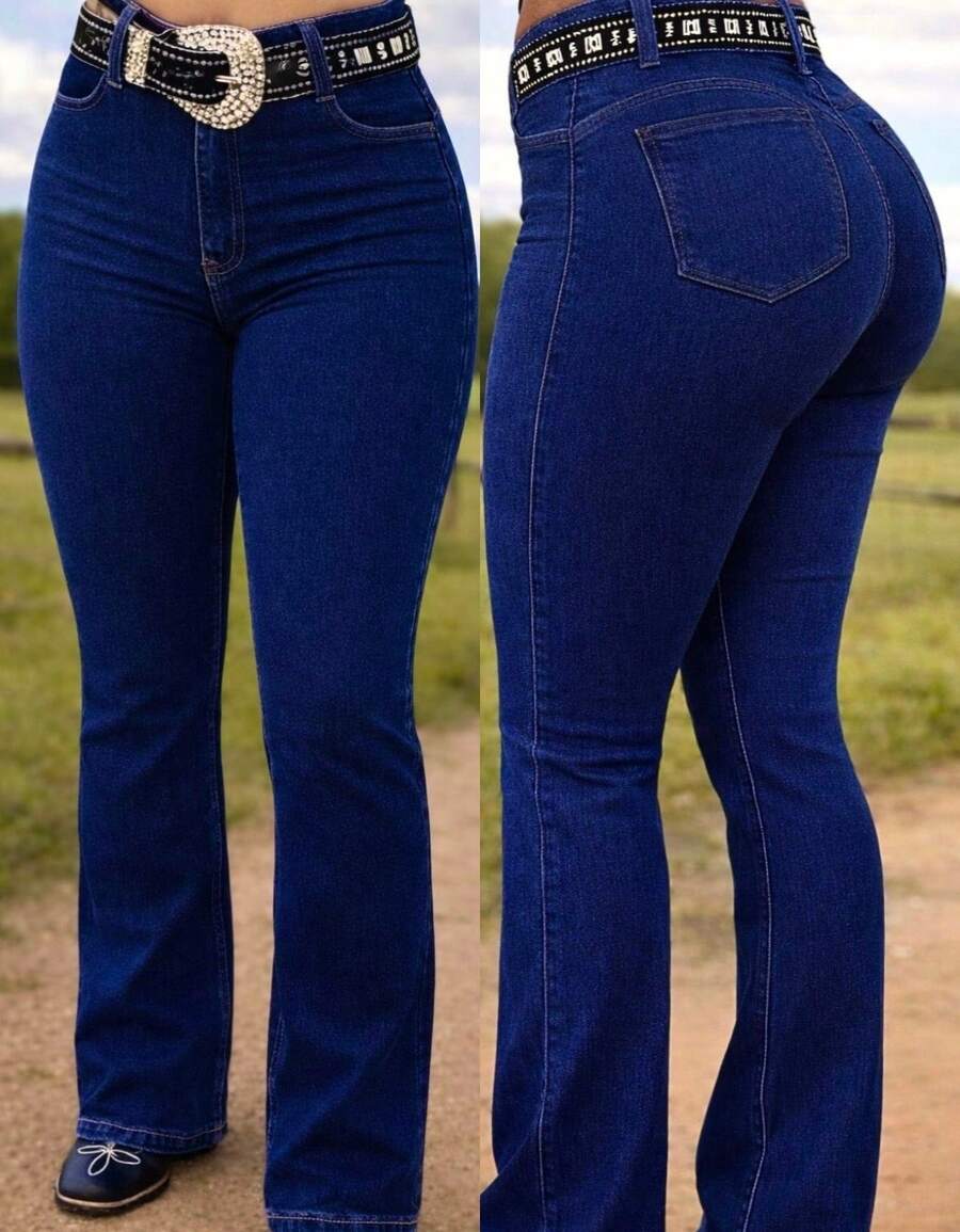 Women's Plain Flare Country Jeans, Premium Line, Butt-Shaping, High Waist, Rodeo, Horseback Riding, Cattle Drive, West - Oscuro-liso - Ver 1