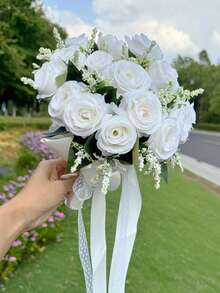 Bridal Wedding Bouquet With Heart-Shaped Diamond Ribbon Decor, Artificial Rose Flowers, Suitable For Destination Wedding Ceremony, Anniversary, Valentine's Day Decoration - Multicolor - View 5