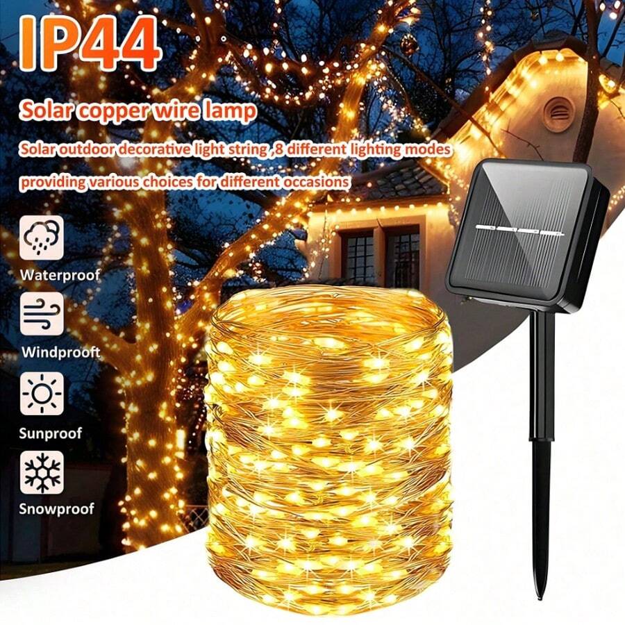 1 dây đèn LED bằng dây đồng chạy bằng năng lượng mặt trời, thích hợp trang trí ngoài trời, sân hiên, tiệc tùng, bãi cỏ, cắm trại, vườn, Giáng sinh.
