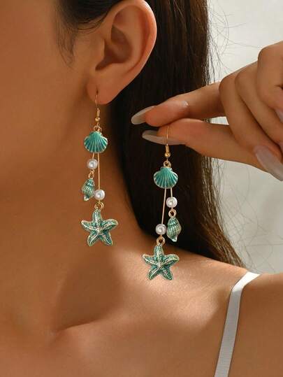 1 Đôi bông tai nữ thanh lịch, phong cách boho cổ điển, thiết kế mặt dây chuyền hình sao biển và vỏ sò tối giản với đá pha lê lấp lánh và ngọc trai giả, bông tai tua rua dài, phù hợp cho các dịp thường ngày, đi biển, tiệc tùng, lễ hội, làm quà tặng, phụ kiện đa năng.