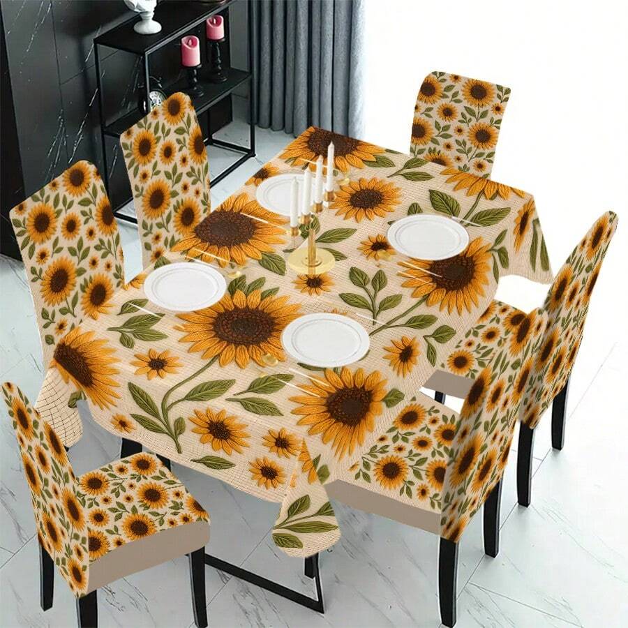 Conjunto de 1/4/5/6/7/36 peças de capas/almofadas para cadeiras com estampa de girassol e folhas verdes, da série Primavera/Verão. Ideal para uso interno em residências, restaurantes e hotéis, perfeito para uma decoração moderna e cotidiana. A toalha de mesa serve para mesas de jantar quadradas e a capa elástica para cadeira é lavável. - Multicolorido - Ver 1