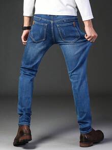 男士商务休闲直筒牛仔裤，弹力牛仔裤，适合日常穿着，时尚百搭 - 寶藍色 - 查看 5