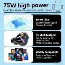 Fast Charging Cell Phones Car Charger 75W 4-In-1 Car Charger With 2 USB And 2 Type-C Ports, RGB Ambient Lighting, Compatible With IPhone 16 Pro/16/15 Pro/15 And S25/S24/S23, Ideal For Daily Commute, Long-Distance Driving And In-Car Charging Valentine's Day Gift - Multicolor 1 - View 8