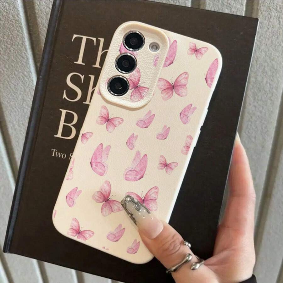 1pc TPU Material Spring Gentle Pink Butterfly Fluttering Pattern Fashionable Phone Case Suitable For Samsung/A05s/A12/A13/A14/4G/A15/A21s/A23/A25/A32/5G/A34/A35/A50s/A51/A52/A53/A54/A55/A71/A72/A73/S10/S20FE/S20Ultra/S21Ultra/S22/S22Plus/S23/S24, Redmi 10C/12C/Note10/11/12/13/ProPlus/Note8/9Pro, Full Coverage Anti-Drop Soft Shell Phone Protective Cover - White - View 1