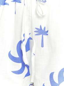 两件套女士休闲波西米亚棕榈叶印花纽扣衬衫和抽绳短裤套装 - 藍色 - 查看 7