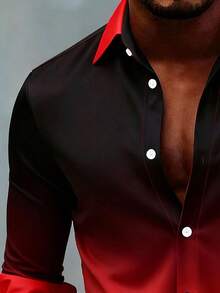 Casual Ombre Print Oversized Loose Lightweight Button-Up Long Sleeve Shirt For Men - Red - View 3