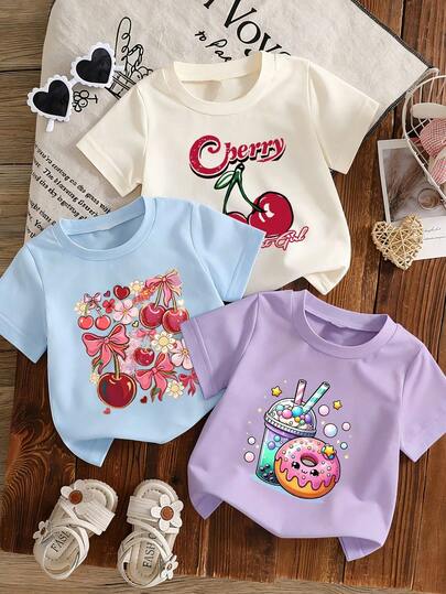 3pcs Baby Girl Printed Short Sleeve T-Shirt Set, Casual Young Children's Clothing, Summer Top For Girls Ready To Play