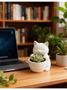 Cute Cat Hug Planter, Creative Design With Drainage Hole, Suitable For Indoor Succulent, Small Flower, Cactus Planting, Home Garden Balcony Outdoor Decor - Kitten - View 6