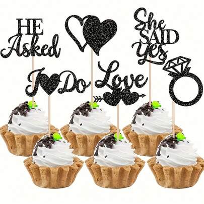 1/6/12 chiếc phụ kiện trang trí bánh cupcake hình nhẫn "Em sẽ cưới anh chứ?" lấp lánh, dùng trang trí bánh cưới, bánh đính hôn, tiệc tùng.