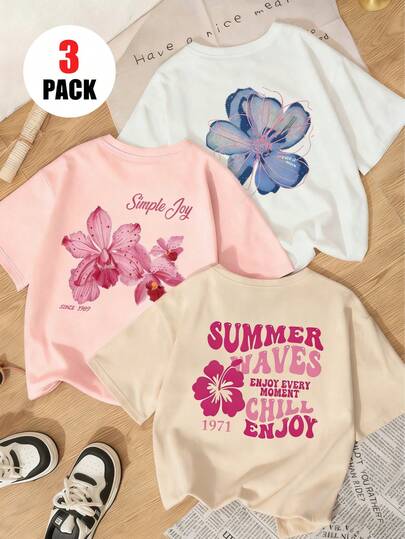 3pcs/Set Girls' Casual Floral Print Round Neck Short Sleeve T-Shirt, Summer Student Youth Clothing - The Colorful Floral Print T-Shirt Brings Joy And Happiness To Every Child!