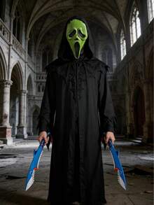 Ed Devil Latex Mask + Red Hooded Cape + Telescoping Golden Hand Prop Set - Halloween Demon Costume Kit For Adults - Multicolor - View 4