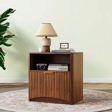 Grooved Bedside Table With Open Drawer And Gold Handles, Space-Saving, Ideal For Bedrooms And Living Rooms, Walnut Finish - Walnut - View 2