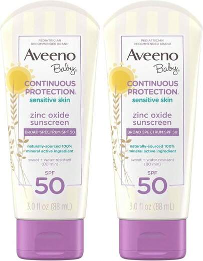 Aveeno Baby Continuous Protection Zinc Oxide Mineral Sunscreen Lotion For Sensitive Skin With Broad Spectrum SPF 50, Tear-Free, Sweat- &Amp; Water-Resistant, Travel-Size, 3 Fl. Oz (Pack Of 2)
