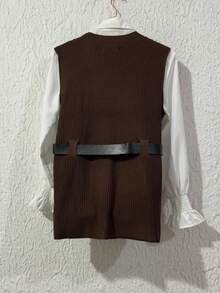 2-Piece Set: Spring Lantern Sleeve Vest And Loose Knit Vest With Front Opening - Brown - View 3