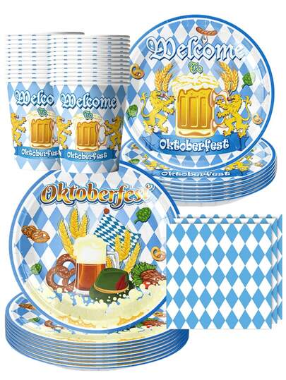 50件套经典啤酒节主题派对用品套装 - 传统啤酒杯、椒盐脆饼、小麦和蓝白格纹图案一次性纸盘、纸杯和餐巾纸 | 适合啤酒品鉴会、酒吧聚会、户外啤酒派对和休闲庆祝活动的节日餐具 | 正宗的蓝白装饰，饰以巴伐利亚帽和狮子图案，可作为派对礼品、家庭啤酒节主题装饰和特殊场合必备品