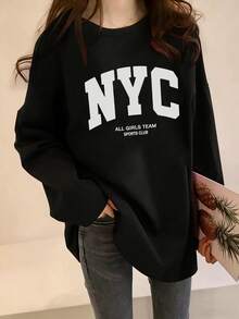 女款時尚秋冬寬鬆百搭字母印花圖案長袖T恤休閒黑色 - 黑色 - 查看 1