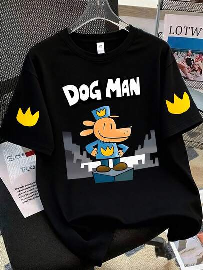 宽松男童街头风侦探狗字母印花短袖T恤，趣味手绘图案，适合日常穿着、外出、聚会、上学、音乐节、度假、通勤等场合。可作为礼物送给家人、男友、女友、朋友，也是儿童春夏必备单品。