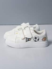 Children's Fashion Badminton And Soccer Embroidered Hook And Loop Glossy Leather Casual Sneakers - White - View 1