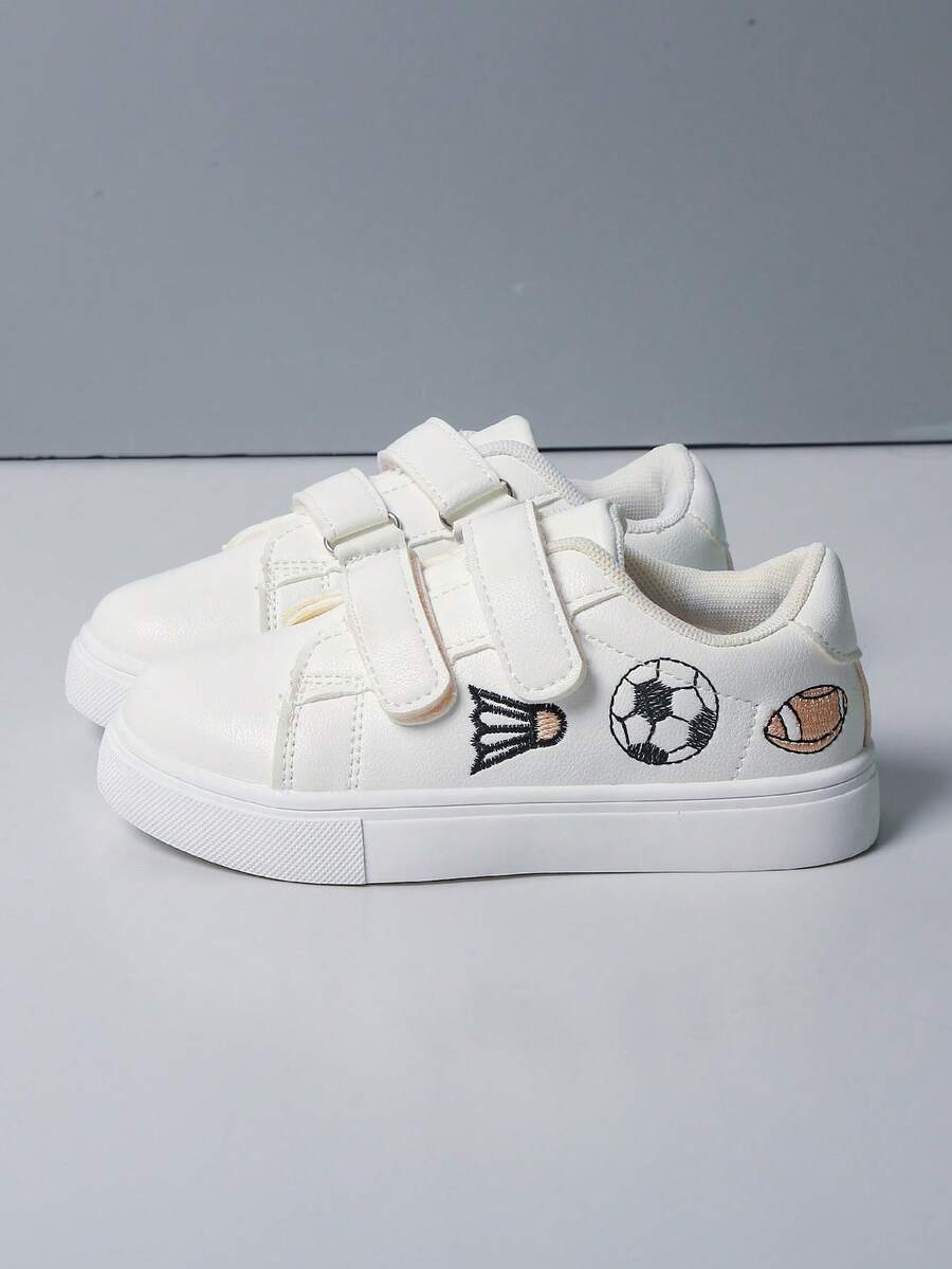 Children's Fashion Badminton And Soccer Embroidered Hook And Loop Glossy Leather Casual Sneakers - White - View 1