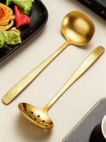 1个锤纹不锈钢汤勺，漏勺，盛菜勺，拉面勺，创意火锅勺 - 金色 - 查看 2