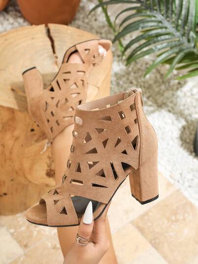 Women's Fashionable Apricot Suede High Heel Hollow Out Sandals Ankle Boots, Chunky Heel, Casual, Vacation, Holiday, Bohemian, Round Toe, Comfortable, Breathable, Summer New