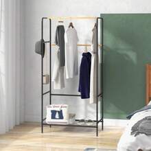 Coat Rack With 2 Bars And A Shelf, Jacket Rack With Hooks For Bedroom And Hallway, Black Bamboo - Black - View 2