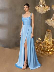 Faeriesty 优雅缎面吊带裙，垂褶领口、高开衩和露背设计，适合婚礼宾客、浪漫摄影、正式晚宴、周年庆典和新娘写真等场合。 - 藍色 - 查看 3