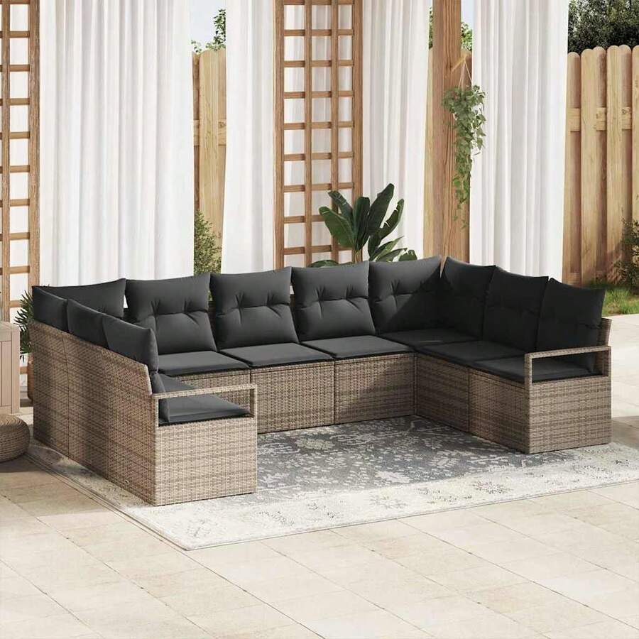 vidaXL 9-Teiliges Garten-Sofa-Set Mit Kissen, Grau, Poly-Rattan - Grey - View 1