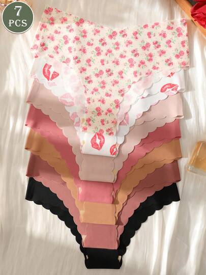7pcs/Set Valentine's Day Women's Rose & Lip Print Mixed Solid Color Seamless Comfortable Sexy Panties