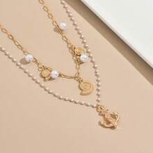 2pcs Elegant Nautical Anchor Pendant Layered Necklace Set, Suitable For Women Traveling, Party, Dating, And Daily Wear - White - View 4