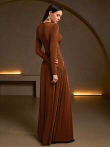 Women's Elegant High Stretch V-Neck Ruched Bust Knit Maxi Dress – Ideal For Date Night, Romantic Holidays, Office Party & Spring Event Looks - Coffee Brown - View 2