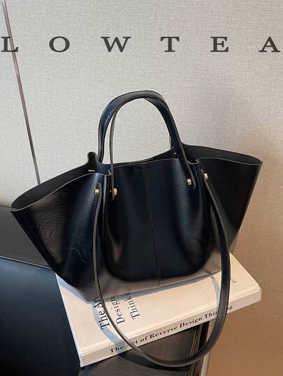 1pc Low Tea Solid Color PU Leather Shoulder Bag Women Casual Large Capacity Tote Bag, Double Handle Design Snap Closure, Suitable For Travel, Shopping, Dating, Women's Gift, Suitable For Teenage Girls, College Students, Beginners And White-Collar, Very Suitable For Office, School, Work, Business, Commuting, Outdoor, Travel, Outing