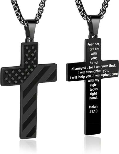 AMAZINGSUN American Necklace Men, Valentines Day Gifts Him, Stainless Steel Pendant Chain With Bible Verse, Baptism First Pendant Necklace Gifts