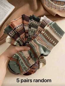 5 Paar Vintage-Stil warme Diamantmuster vielseitige Socken, zufällige Auswahl, Freizeitbekleidung oder Geschenk für Männer und Frauen, Herbst/Winter - Verschiedenfarbig - Übersicht 8