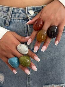 1 Set Unique Geometric Minimalist Resin Rings, Extra Large Oval Rings In Brown, Red, Green, Gray, Blue, White Options, Suitable For Women's Daily Wear, Holidays And Parties (Ring Texture Random) - Single Ring - View 2