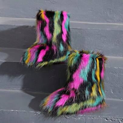 Women's Colorful Plush Snow Boots, Fashion , Thickened, Insulated, Featuring Fluffy, Long Hair Plush, Jacquard Stripe Design, Mid-Calf Length