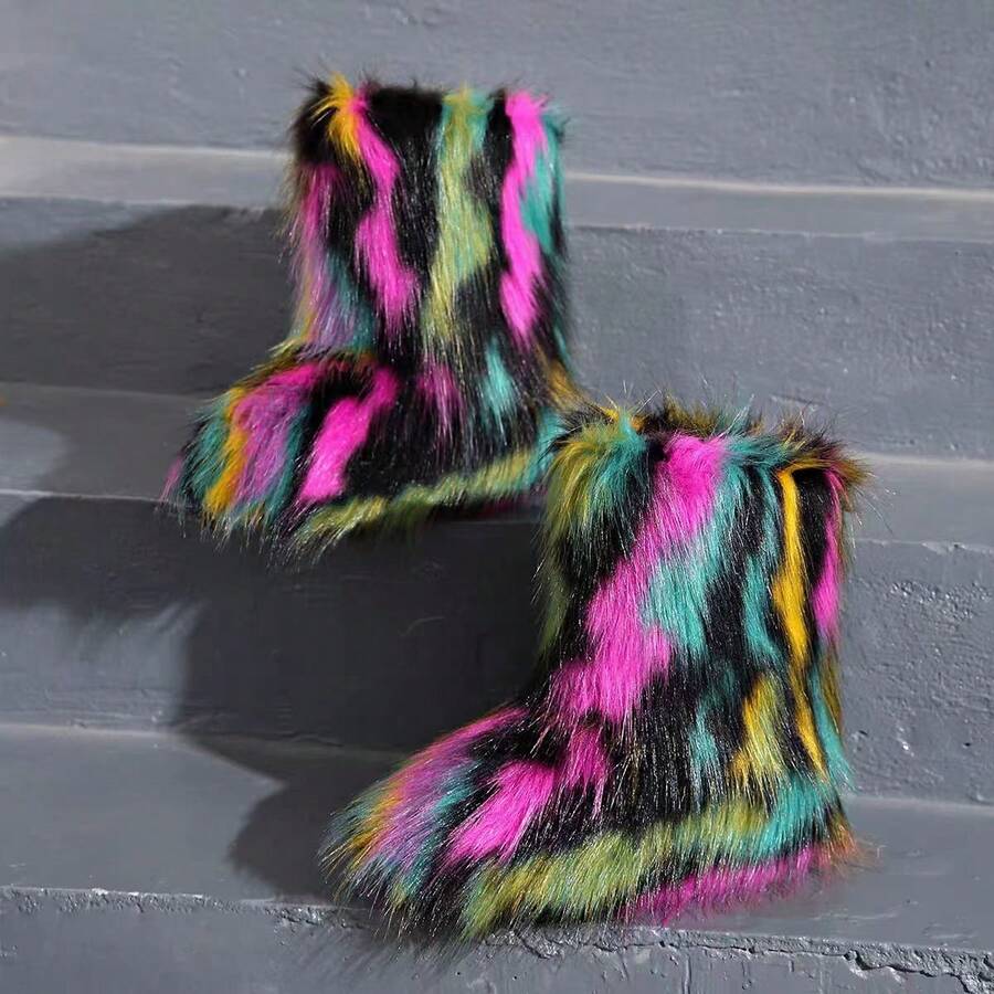 Women's Colorful Plush Snow Boots, Fashion , Thickened, Insulated, Featuring Fluffy, Long Hair Plush, Jacquard Stripe Design, Mid-Calf Length - 升級彩虹 - 查看 1