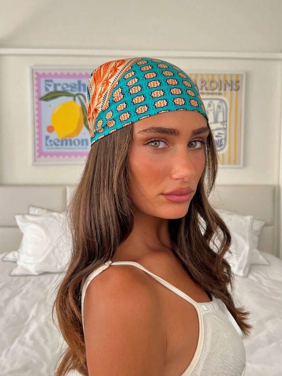 1条时尚休闲方形真丝围巾，女士印花头巾，可作方巾、领巾、发带、时尚头饰、披肩、围巾，是您穿搭的理想之选 - 橙黃色 - 查看 1