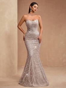 AMILUCK New Luxury High-End Sequin, Sequins, Lace Strapless Sexy Dignified Elegant Backless Mermaid Tail Dress, Formal Evening Gown For Wedding Party Guest Spring - 杏色 - 查看 2