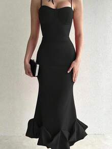 魅力十足的纯色休闲优雅露背荷叶边连衣裙，适合情人节、优雅派对、女士优雅连衣裙、红色连衣裙等场合。 - 黑色 - 查看 3