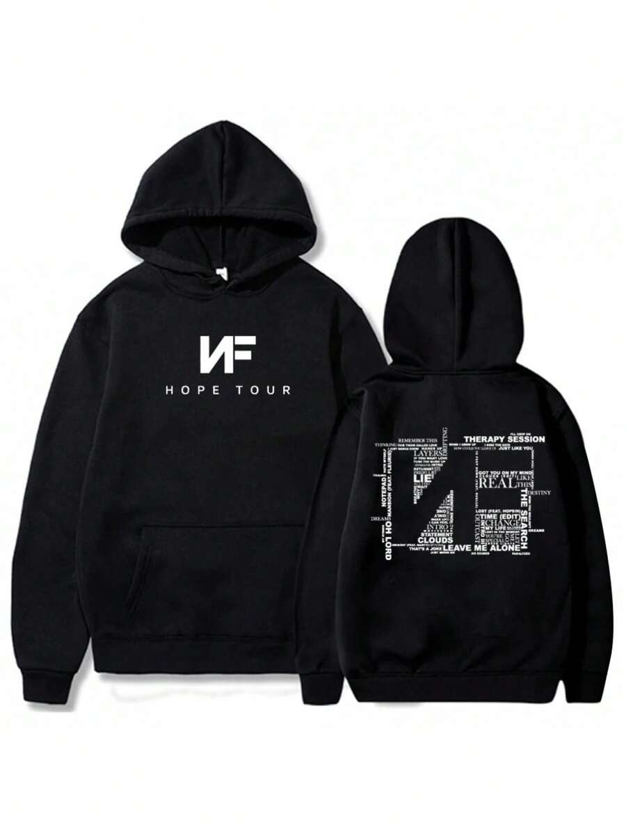 NF Hope Journey Hoodie - Official NF Store Music Album Pullover, Black Hooded Streetwear With NF Logo And Lyrics, Loose Fit Unisex Pullover, Suitable For Concerts, Casual Wear - A Gift For NF Fans (Men And Women) - Retro Style With Front Pockets, White NF Lettering And Album Track List, Comfortable Casual Wear, Men's Hoodie, Men's Pullover/Headshirt, Men's Graphic Hoodie, Men's Clothing - 黑色 - 查看 1