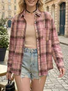 YUXIN Pink Plaid Women Long Sleeve Loose Casual Shirt Top With Pockets, Spring/Summer - Pink - View 9