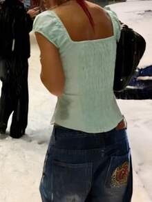Womens Summer Tops Cap Sleeve V Neck Solid Color Slim Fit Upper Button Down Cropped Blouses - Light Green - View 2